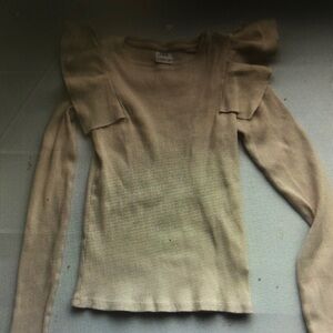 Beige Long Sleeve Top with Ruffle Shoulders